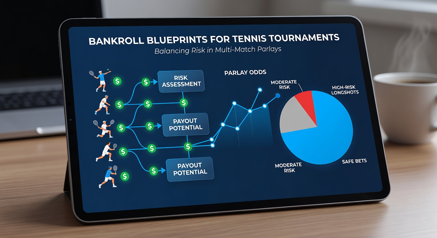 Grafik mit Tennis-Spielern auf dem Court und einer Bankroll-Diagramm, die Risiko und Gewinne in Parlays darstellt