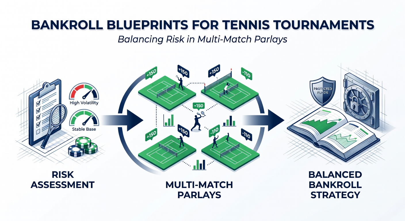 Tennis-Turnier-Poster mit Parlay-Wetten-Schema und Risiko-Balancierungsdiagramm
