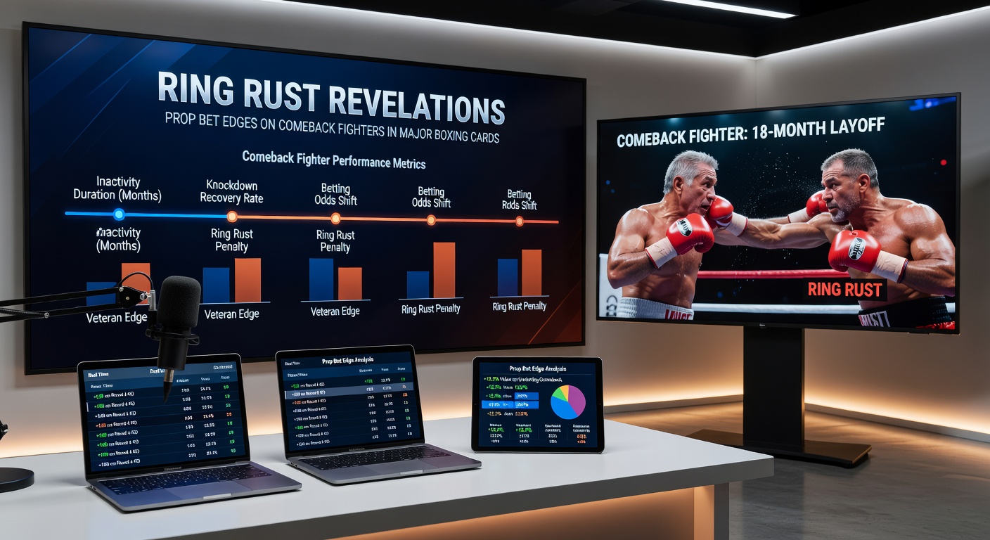 Grafik mit Statistiken zu Ringrost-Effekten bei Comeback-Boxern, zeigt Balkendiagramme zu Trefferquoten und Pausenlängen