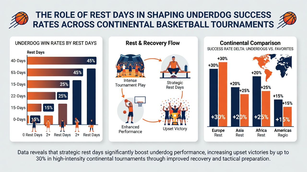 Statistische Grafik mit Erfolgsraten von Underdogs in Basketball-Turnieren, Balkendiagramme zu Ruhetagen und Siegquoten